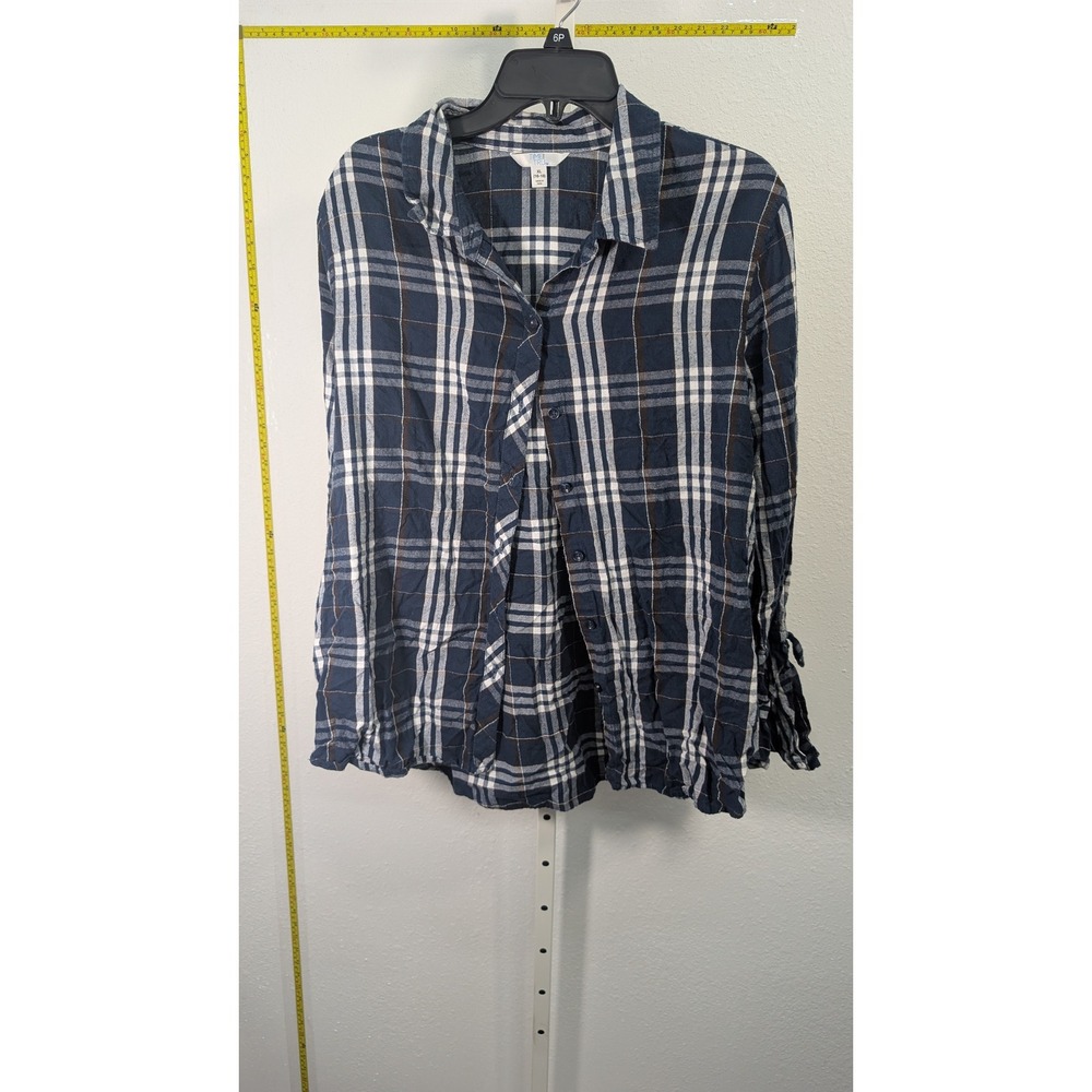 Time and Tru Navy Blue White Plaid Button Down Shirt Tie Cuff XL 16-18 Womens